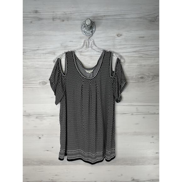 Max Studio Shirt Womens Large Black White Cold Shoulder Polka Dot Knit - Picture 1 of 9